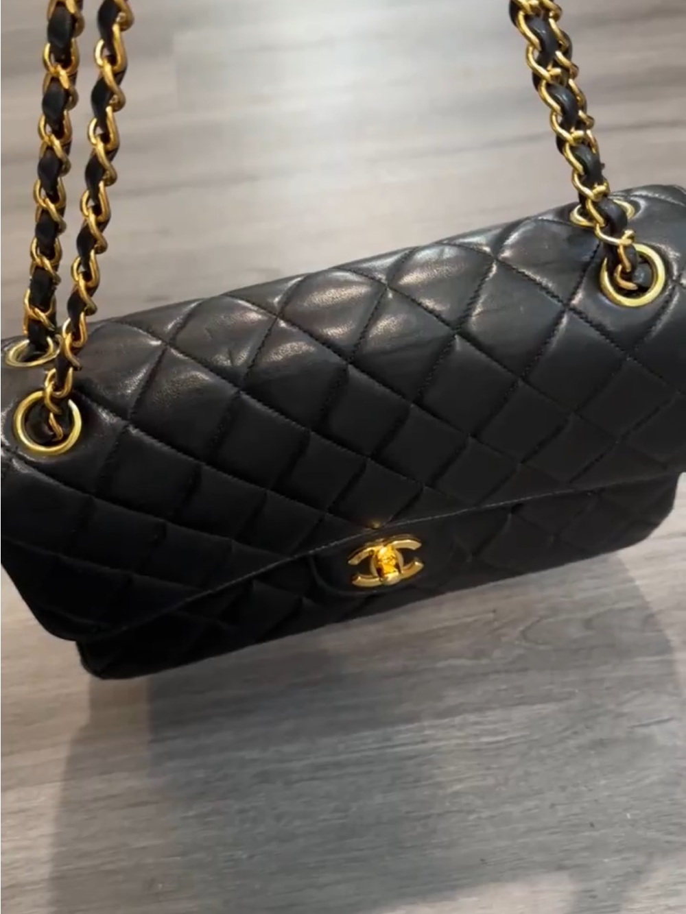 Authentic Vintage CHANEL Black Double Sided Quilted Shoulder Bag with Gold Chain